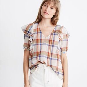 Madewell V-Neck Shoulder-Ruffle Top in Plaid Size M